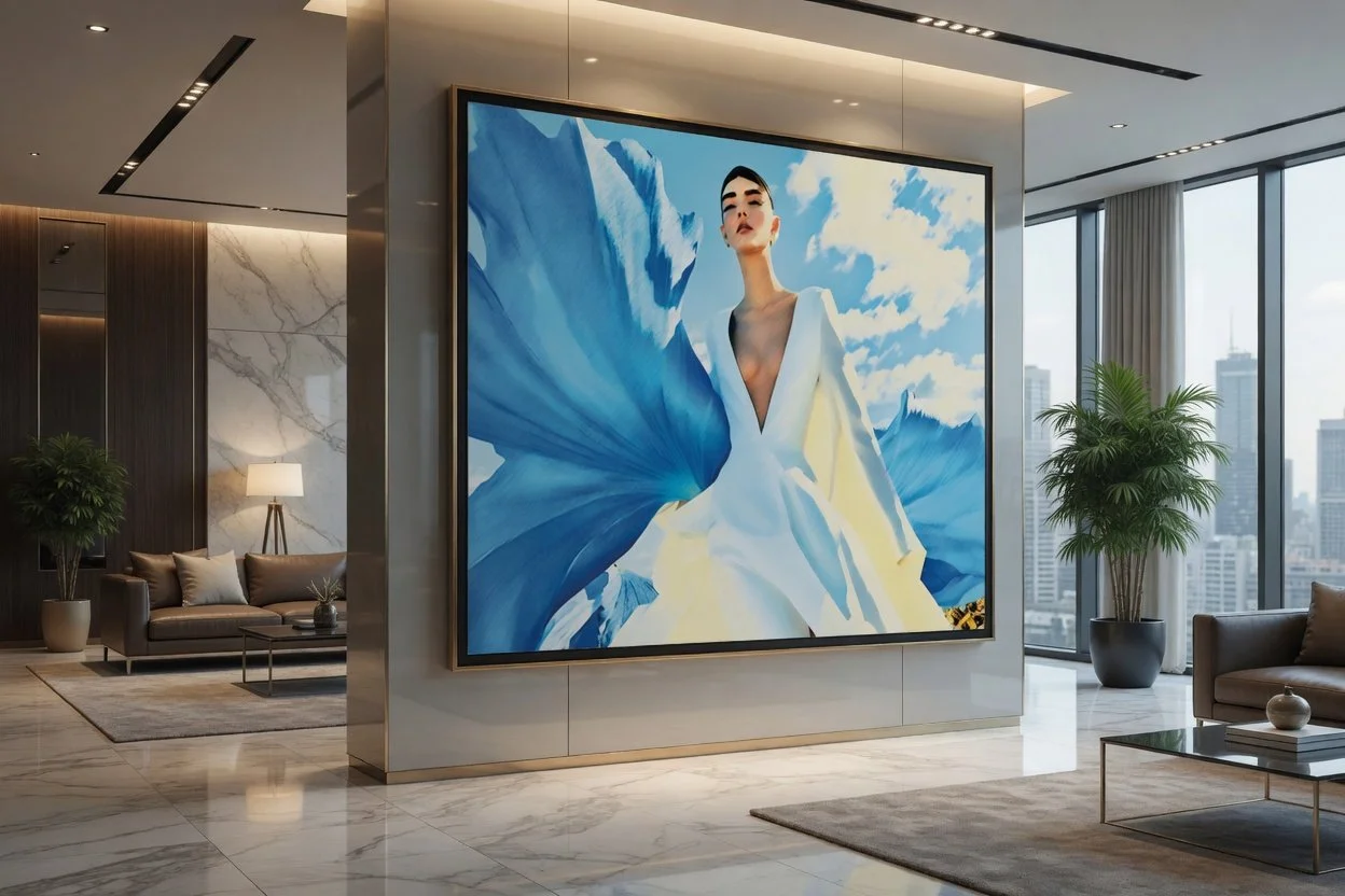 Modern hotel lobby with large colorful artwork of a woman in a white dress with blue butterfly wings, situated on a marble wall between seating areas with sofas and plants, and floor-to-ceiling windows overlooking a city skyline.