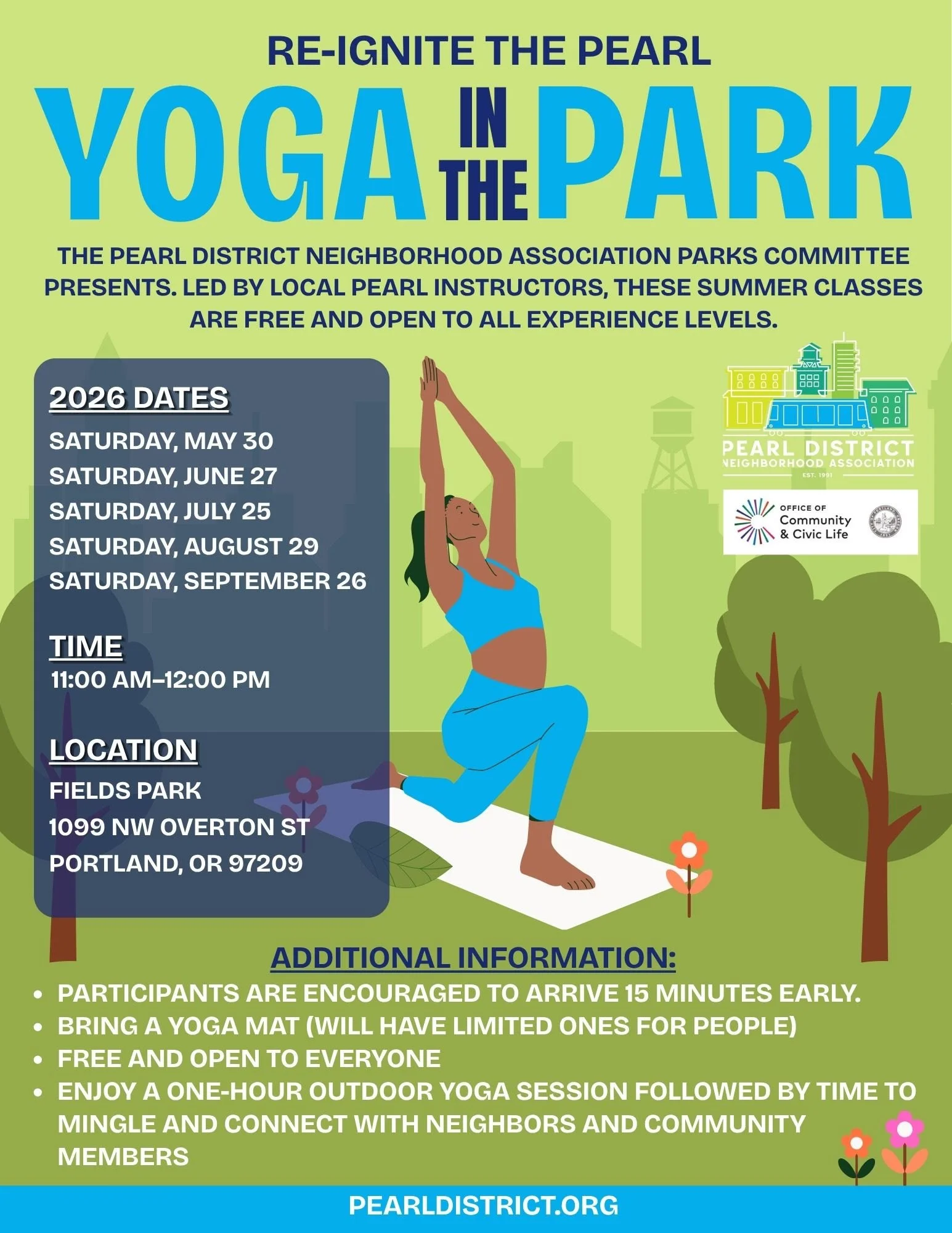 Free Yoga in the Park at Fields Park Portland Oregon, Pearl District Neighborhood Association 2026 summer series, Saturdays 11am-12pm, 1099 NW Overton Street