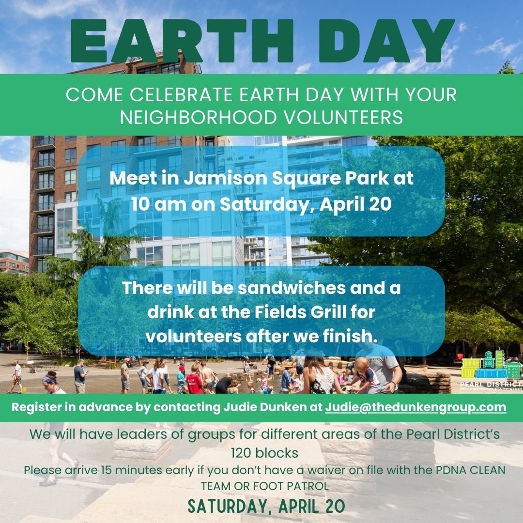 The Pearl District Neighborhood Association is hosting an Earth Day Volunteer event on April 20th. Read more on our blog!
@pearldistrict.pdx
https://shha.re/2uONf