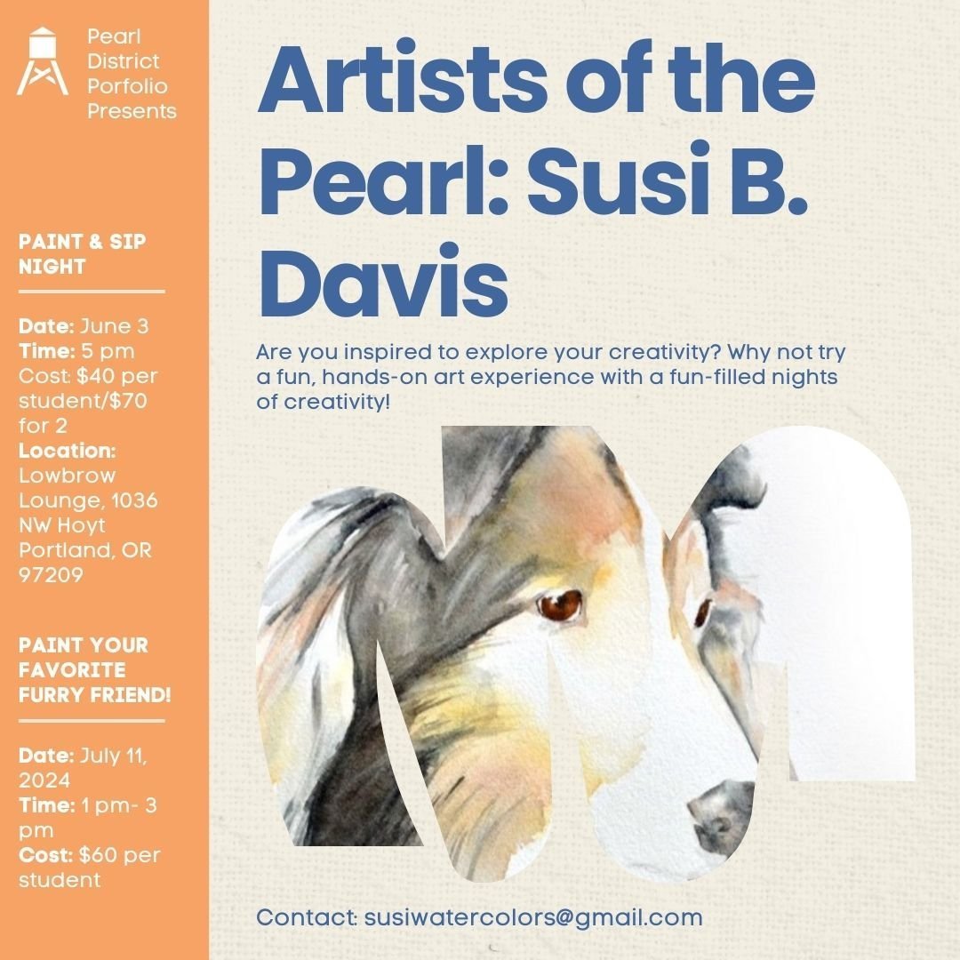 Are you inspired to explore your creativity? Why not try a fun, hands-on art experience with a fun-filled night of creativity with Susi Davis! 
#paintandsip #paintnight #watercolors #paintpdx #pearldistrict
@sbd.creativefix @pearldistrict.pdx
https:/