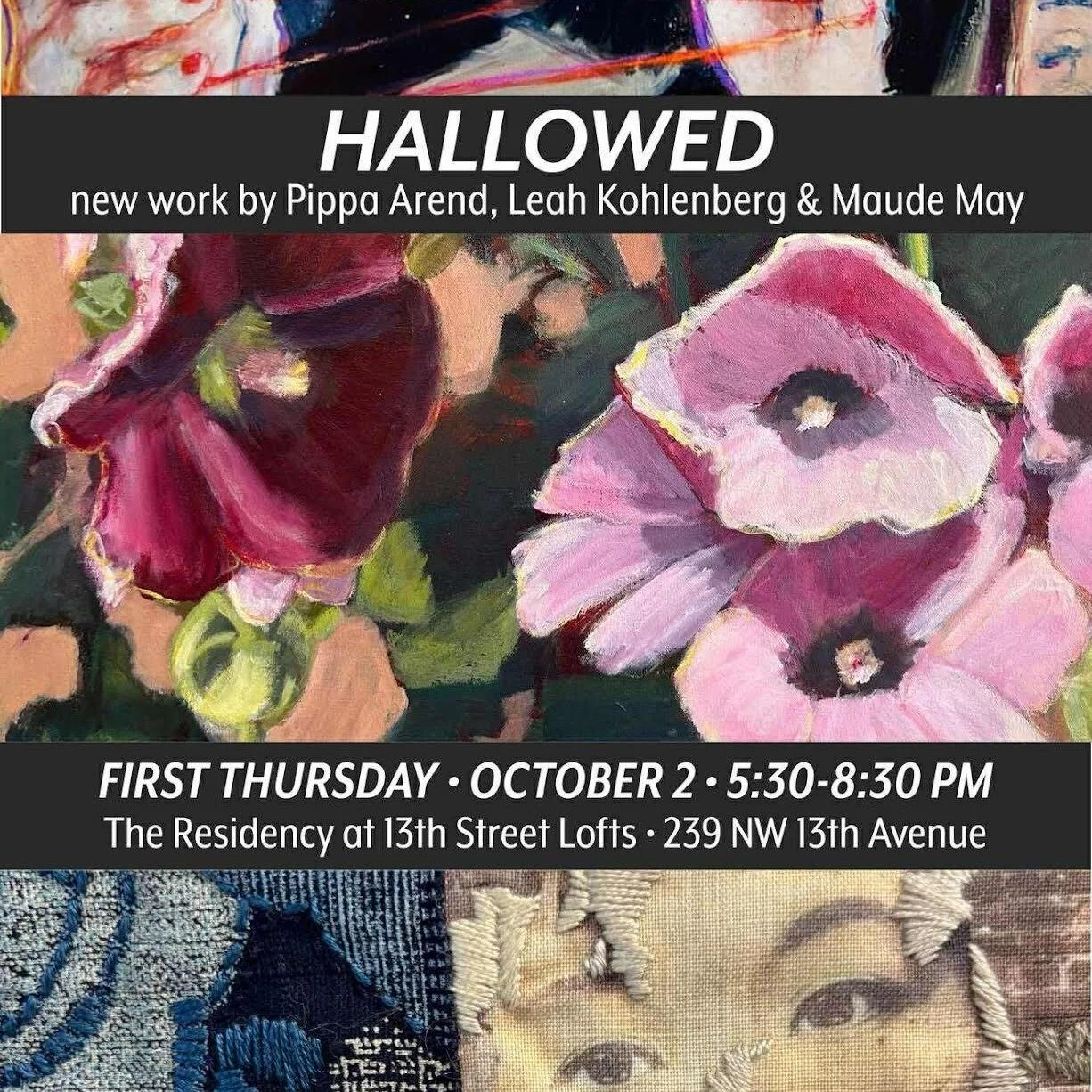 Don't miss Hallowed at the residency at 13th Street Lofts, featuring new work by @pippaarend, @leahkohlenberg, and @maudeanne. 
"In honor of Portland Textile Month, The Residency will weave a tale of the hollowed spirits who shine through our d