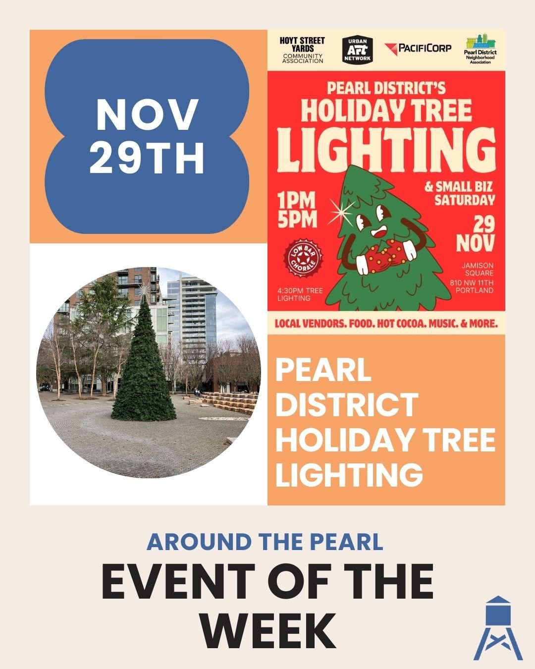 ✨ EVENT OF THE WEEK! ✨ Pearl District Holiday Tree Lighting &amp; Small Biz Saturday!

Double the fun this Saturday in Jamison Square! Start your holiday season by shopping local and supporting small businesses, then stay to witness the magic of the 
