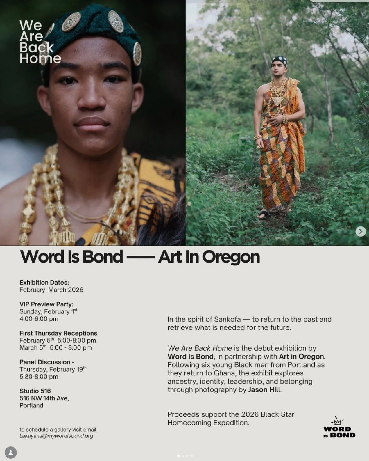 TONIGHT IN PDX: Join @wordisbondpdx at Studio 516 for the &lsquo;We Are Back Home&rsquo; Panel Discussion. 🎤📸

Explore the powerful journey of 6 young Black men returning to Ghana through the lens of Jason Hill.

🕒 5:30-8:00 PM 📍 516 NW 14th Ave 