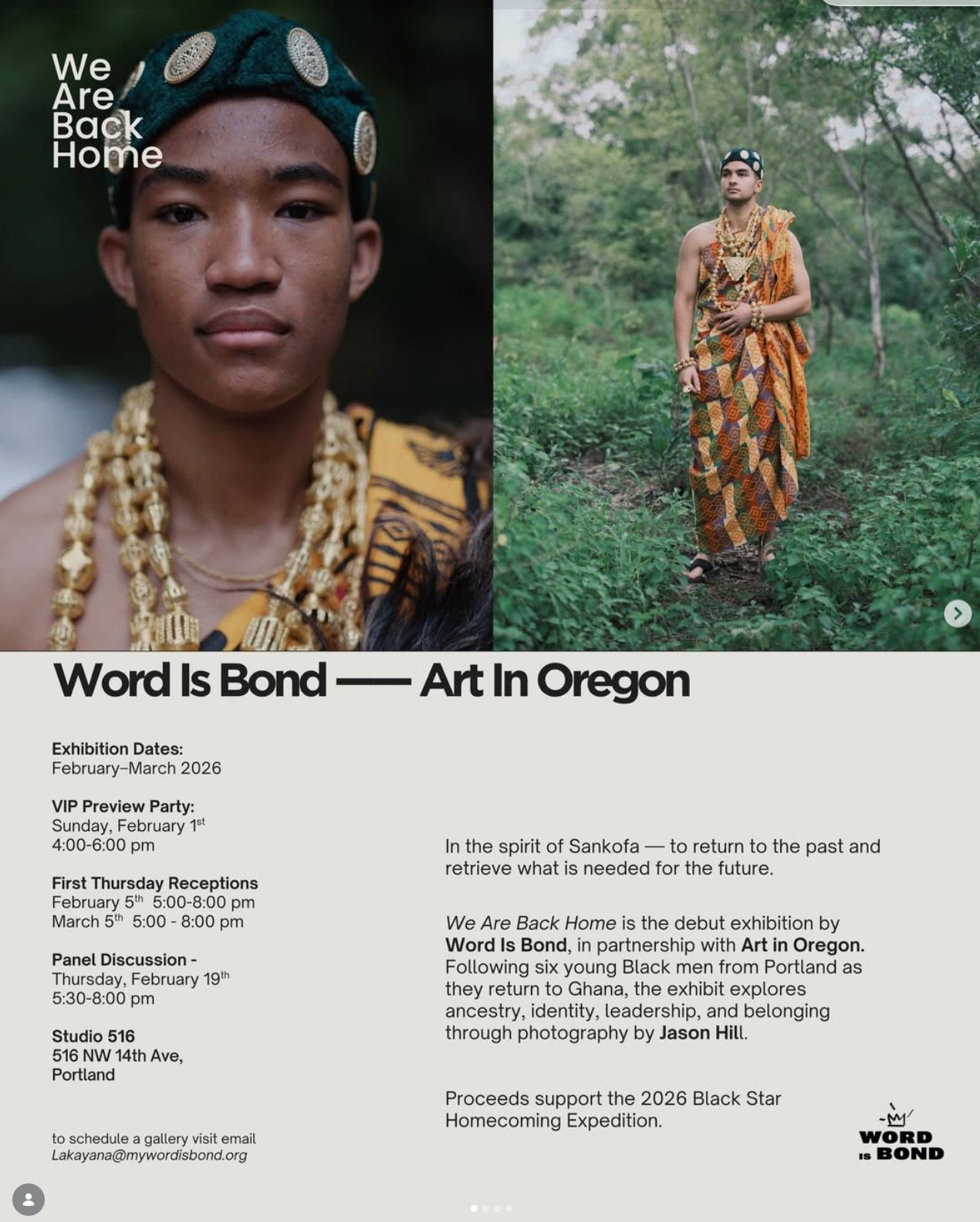 TONIGHT IN PDX: Join @wordisbondpdx at Studio 516 for the &lsquo;We Are Back Home&rsquo; Panel Discussion. 🎤📸

Explore the powerful journey of 6 young Black men returning to Ghana through the lens of Jason Hill.

🕒 5:30-8:00 PM 📍 516 NW 14th Ave 