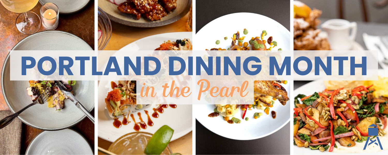 Banner advertising Portland Dining Month over photos of dishes from several local restaurants