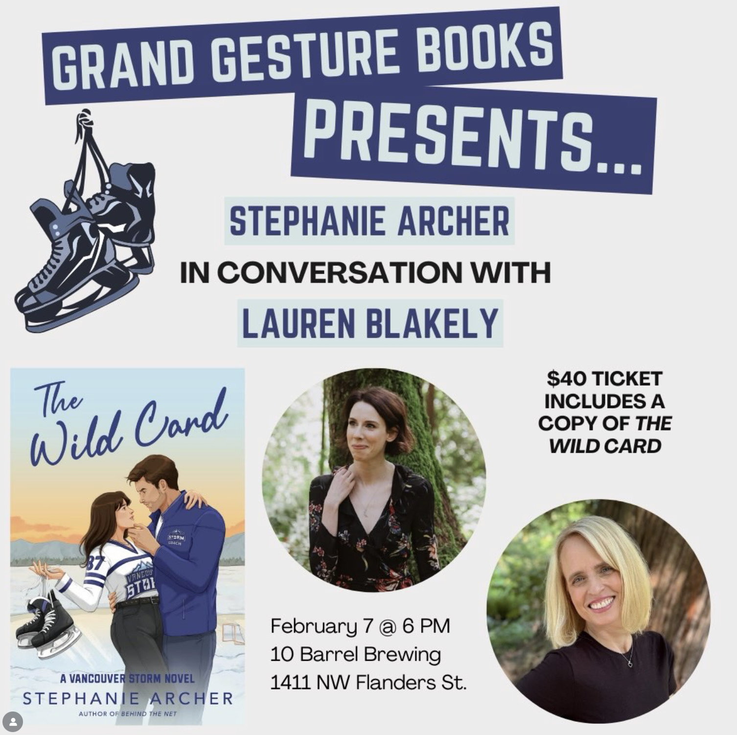 Promotional poster for a book event with author Stephanie Archer in conversation with Lauren Blakely. Features images of the book cover 'The Wild Card' by Stephanie Archer, and photographs of Stephanie Archer and Lauren Blakely. Event details include February 7 at 6 PM at 10 Barrel Brewing, 1411 NW Flanders St., $40 ticket includes a copy of 'The Wild Card'.