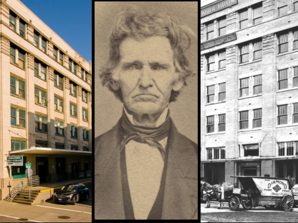 Downtow self Storage on Davis Street in a collage with Major Anthony L. Davis in 1851 and the Wadhams and Kerr building in 1917