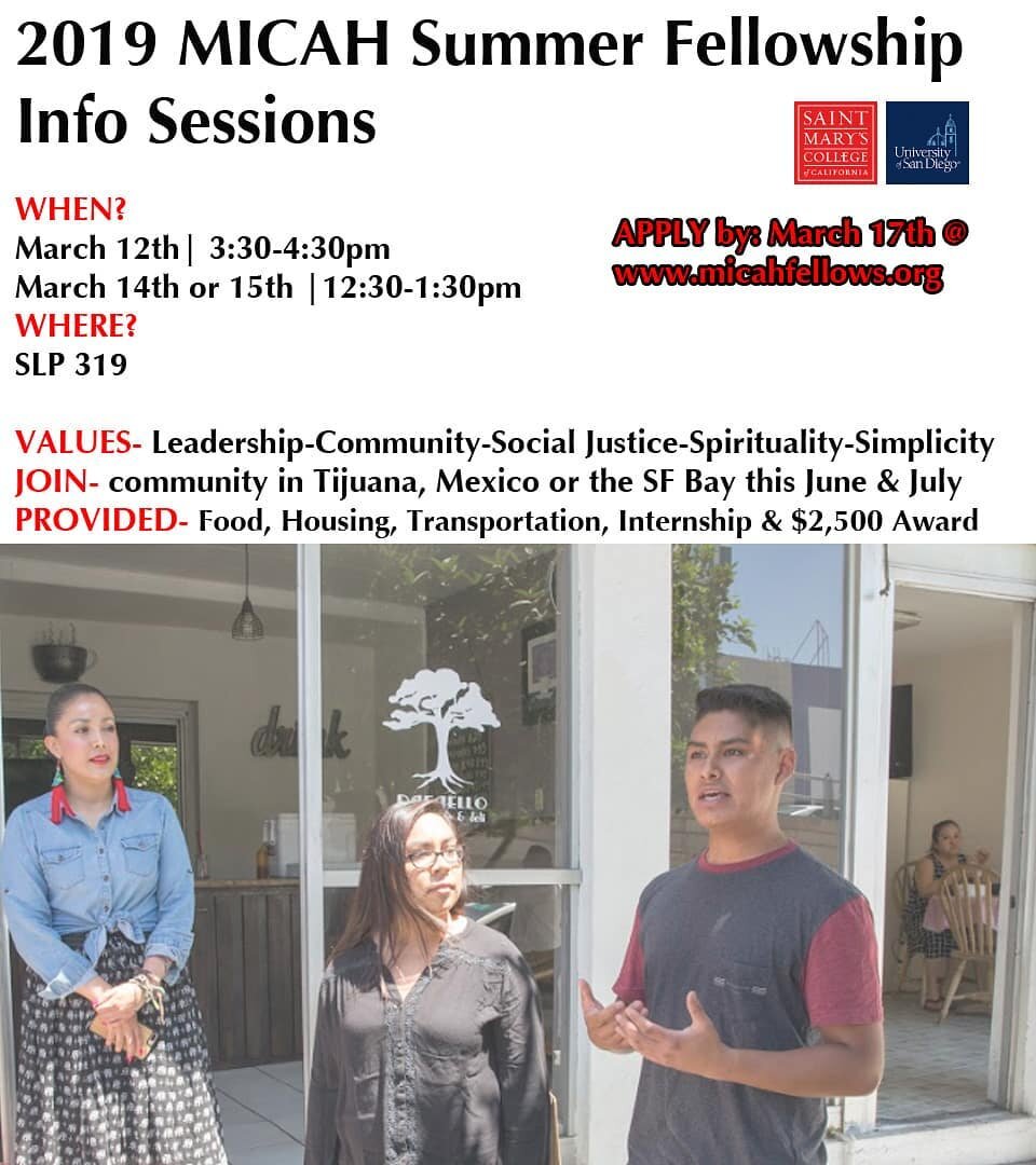 Info sessions coming up @usdtoreros for the 2019 cohort of #micahfellows Apply by 3.17. Spread the word!
