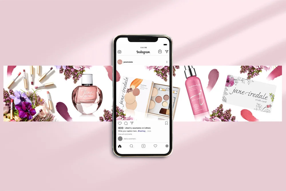jane iredale connected carousel cards displayed around an Instagram phone mockup