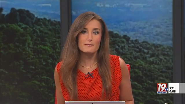 A woman with long brown hair wearing a red sleeveless top with black polka dots, sitting in front of a green landscape with trees, during a news broadcast.