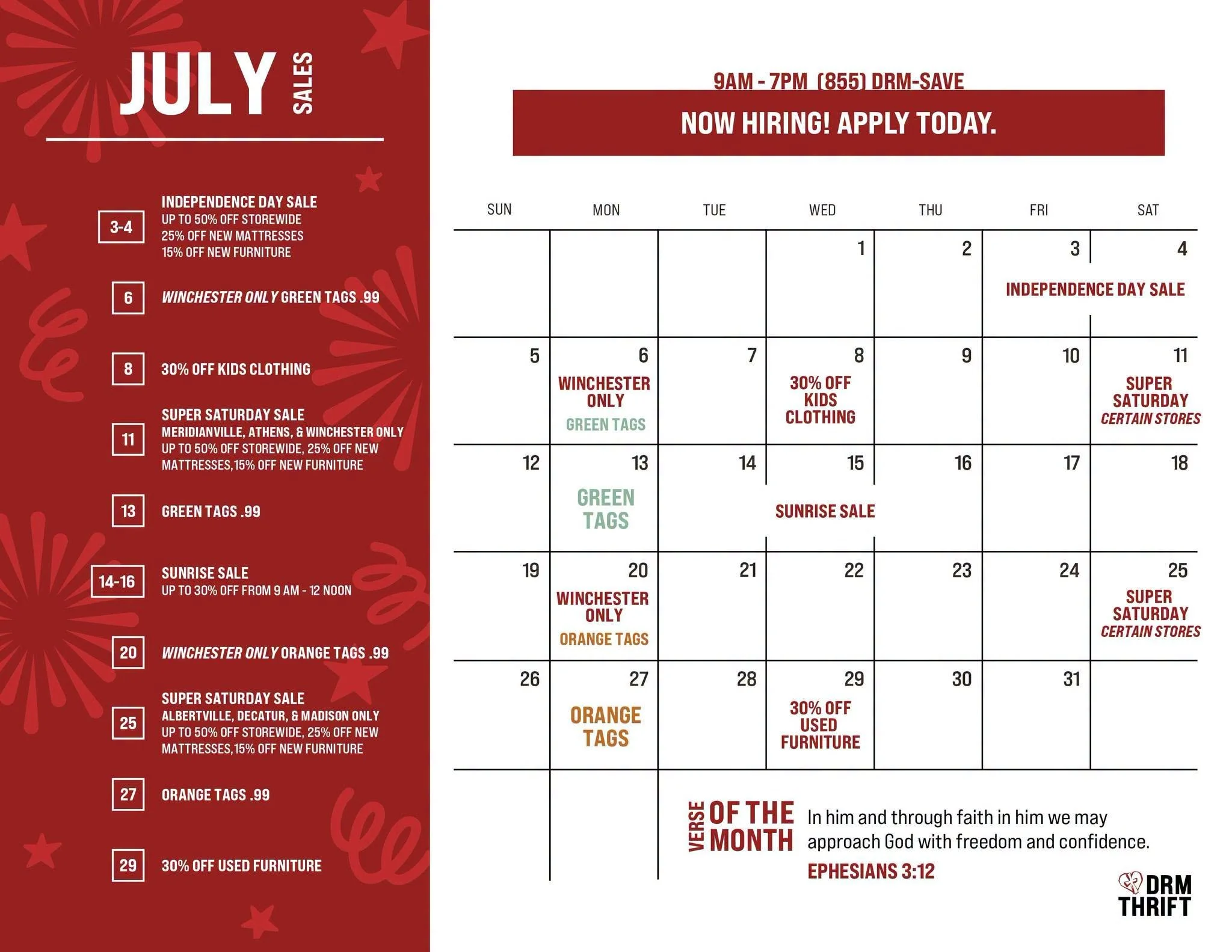 July sale flyer with fireworks background, featuring discounts on mattresses, furniture, clothing, with promotional events and store locations listed on a calendar.