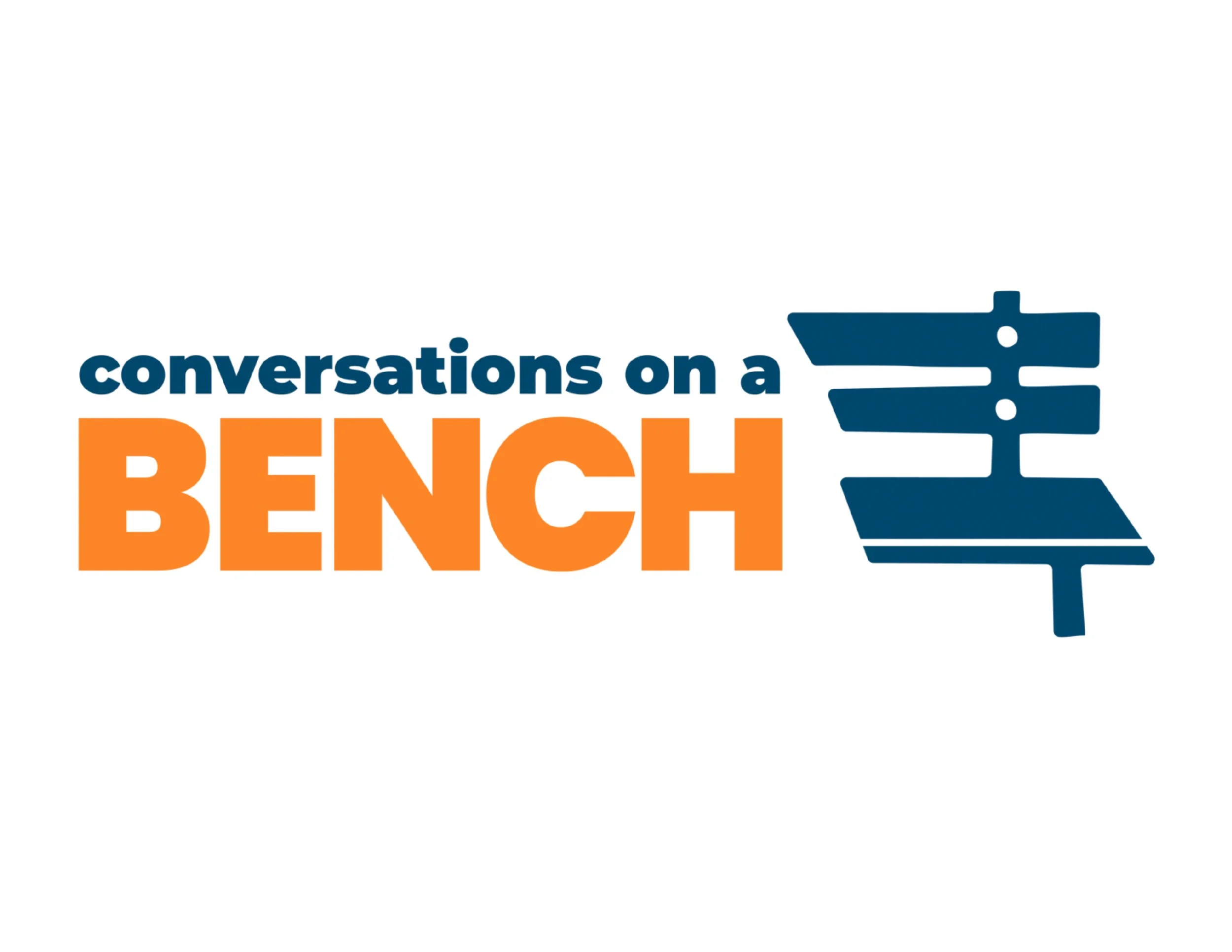 Graphic with the text 'conversations on a BEACH' and a blue signpost on the right side.