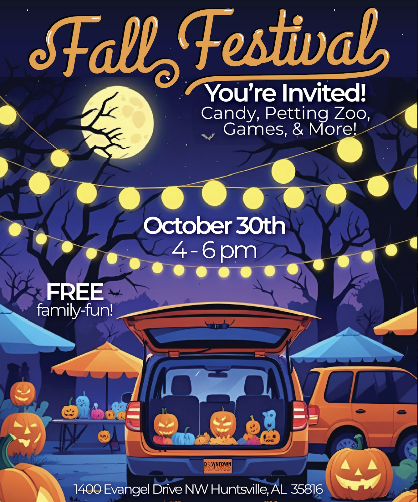 Illustration of a Halloween-themed outdoor fall festival with a dark night sky, full moon, leafless trees, string lights, pumpkins, and tents. A car with open trunk is filled with colorful Halloween decorations, and event details are overlaid in text, including date, time, location, and activities like candy, petting zoo, and games.