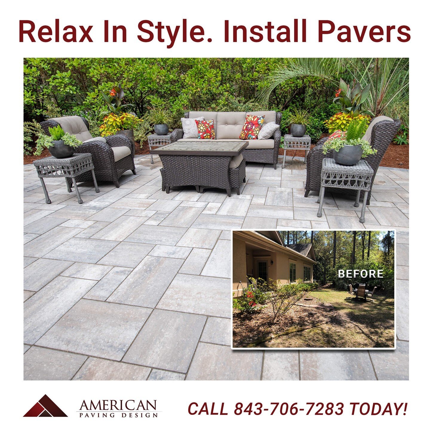 🏡Need the perfect Saturday spot? Contact American Paving Design and transform your backyard into the perfect spring oasis (843) 706-7283. #pavers #backyardupgrades #hiltonhead #blufftonpavercompany #tremron #pavercompany #hardscapeinstallers #largep