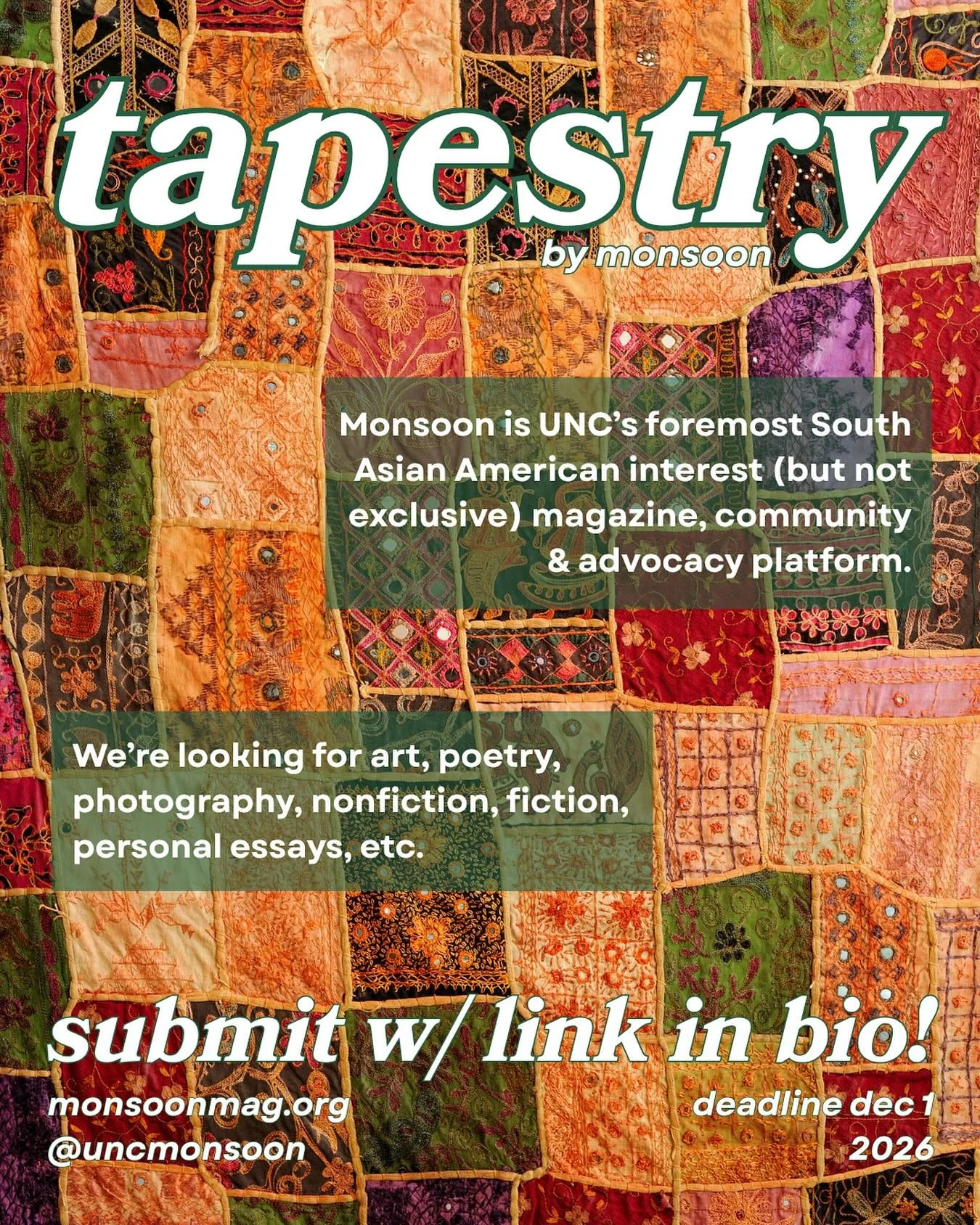 -ˋˏ✄┈┈┈┈𝐭𝐚𝐩𝐞𝐬𝐭𝐫𝐲 &mdash; 𝐬𝐮𝐛𝐦𝐢𝐬𝐬𝐢𝐨𝐧 𝐜𝐚𝐥𝐥

In this year&rsquo;s issue, Monsoon is exploring how fabric is a physical embodiment of the rich historical and cultural identity of South Asia. How are the threads of our complex identi