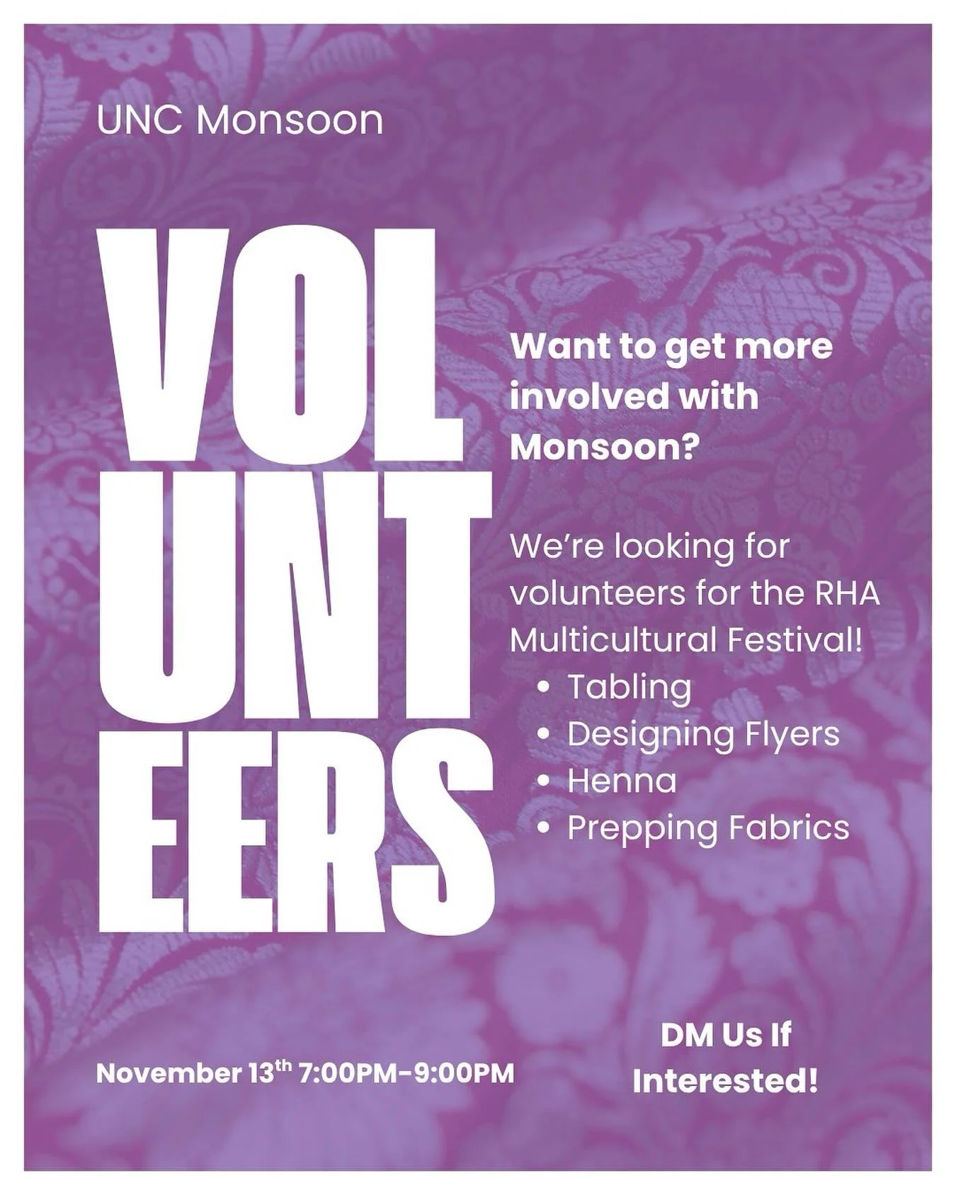 Want to volunteer with Monsoon? Help us out during the RHA Multicultural festival on November 13th 7:00-9:00 PM! DM us if you&rsquo;re interested!