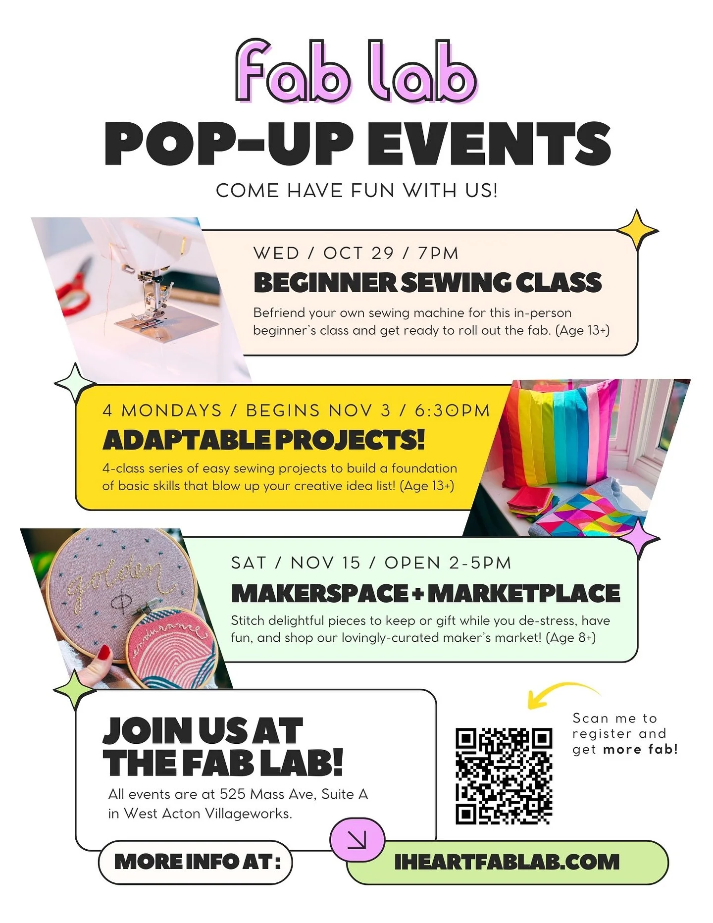 I’m dancing with joy over this new collaboration with the Fab Lab! 💃🏻
Looking for a creative outlet in these stressful times? Seeking a path back to “unicorn space” fun after having kids? Just want to come hang out with some fabu