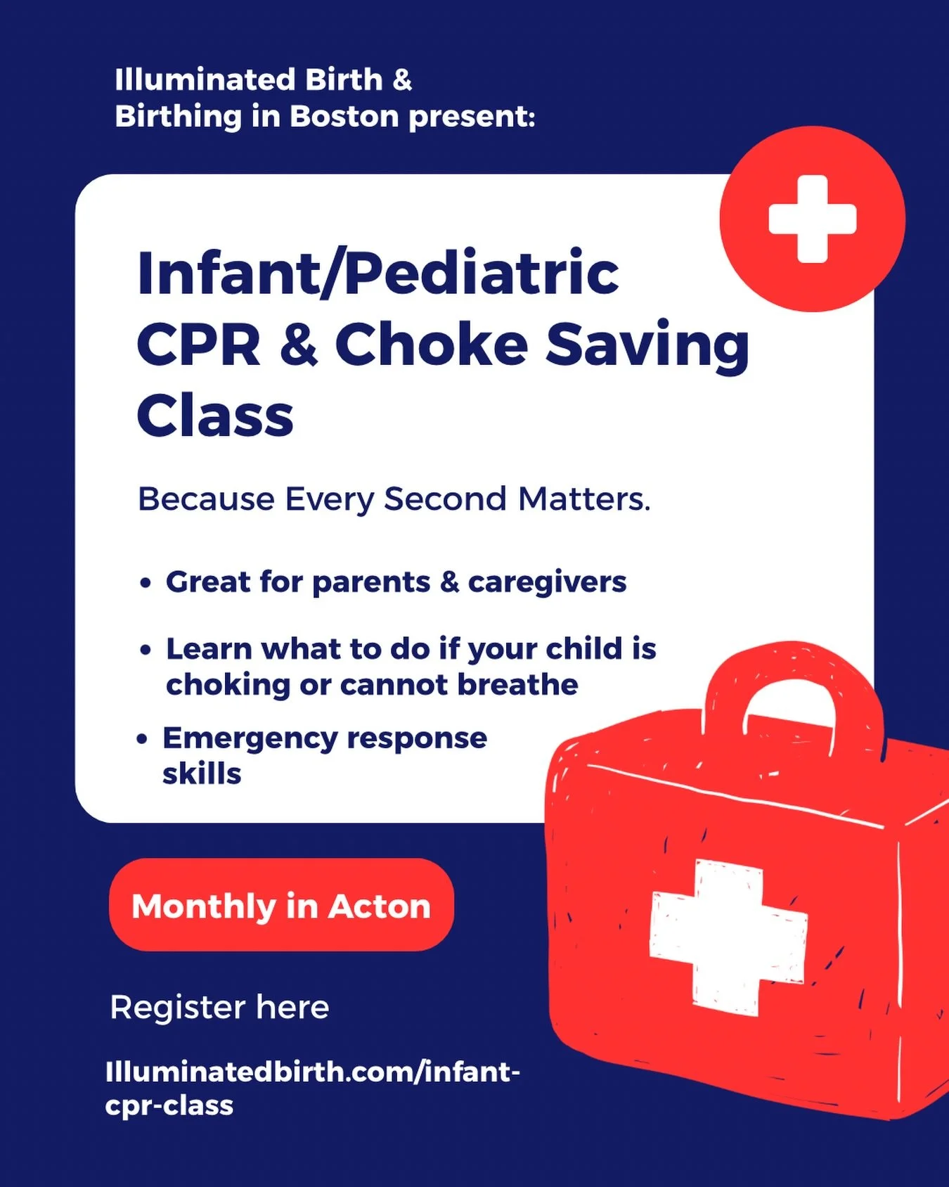 Infant and Pediatric CPR/AED, Choke Saving Class 

Monthly on select Tuesday evenings at Illuminated Birth &amp; Company in Acton&mdash;First class Tuesday, 5/26!

Taught by Bonnie Rovics, an American Heart Association Certified&nbsp;CPR and BLS (bas