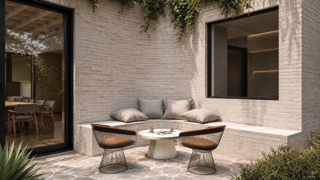 Sheltered courtyard at Estuary House in Mount Martha, with curved pale brick walls, built-in seating, stone paving and direct connection to the dining area.