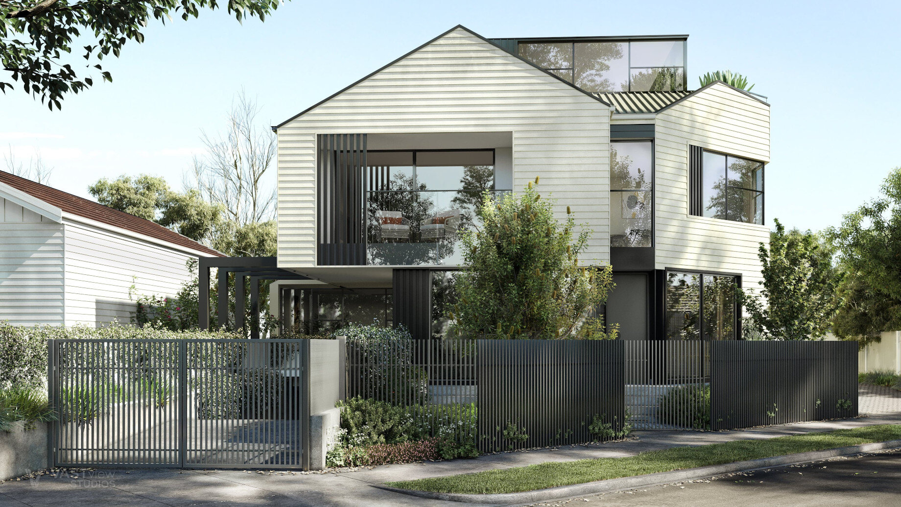 Eight high-quality apartments in Hampton that contribute to the suburb’s rich history of architectural design - Front view showing pitched roof language: Apartments in Hampton