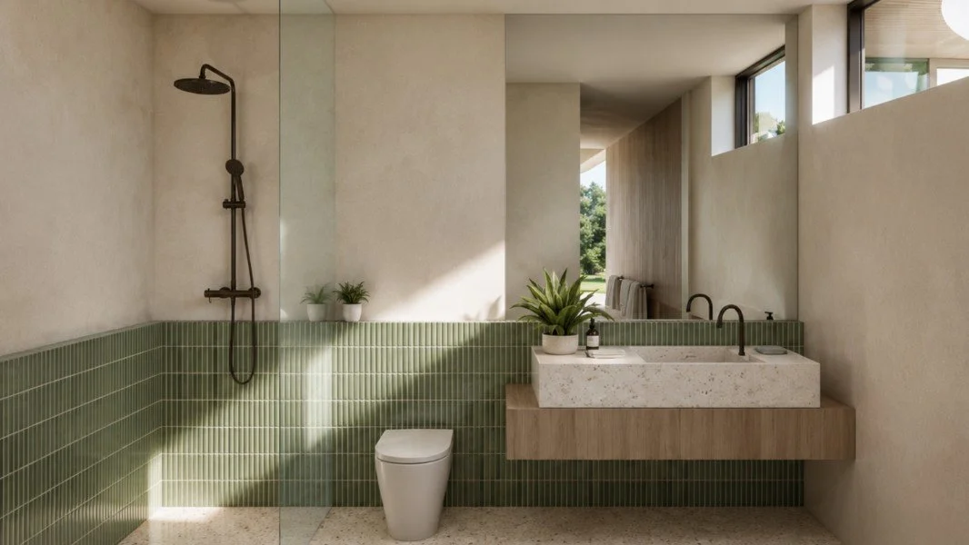 Ensuite bathroom at Estuary House in Mount Martha, featuring green vertical tiles, a floating stone vanity, walk-in shower and high-level windows for natural light.