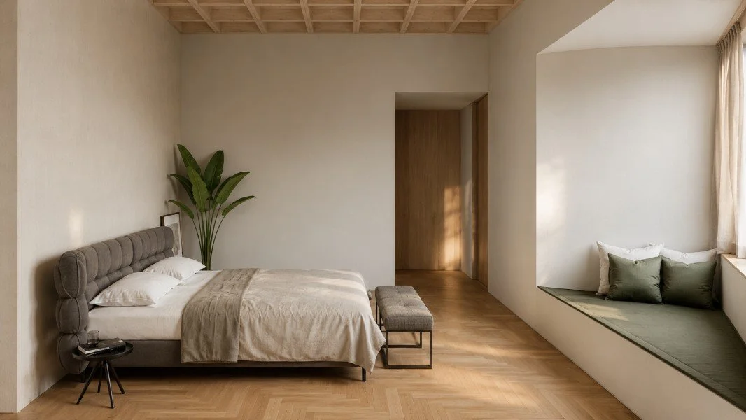 Main bedroom at Estuary House in Mount Martha, featuring a timber coffered ceiling, warm oak flooring and an integrated window seat overlooking the landscape.