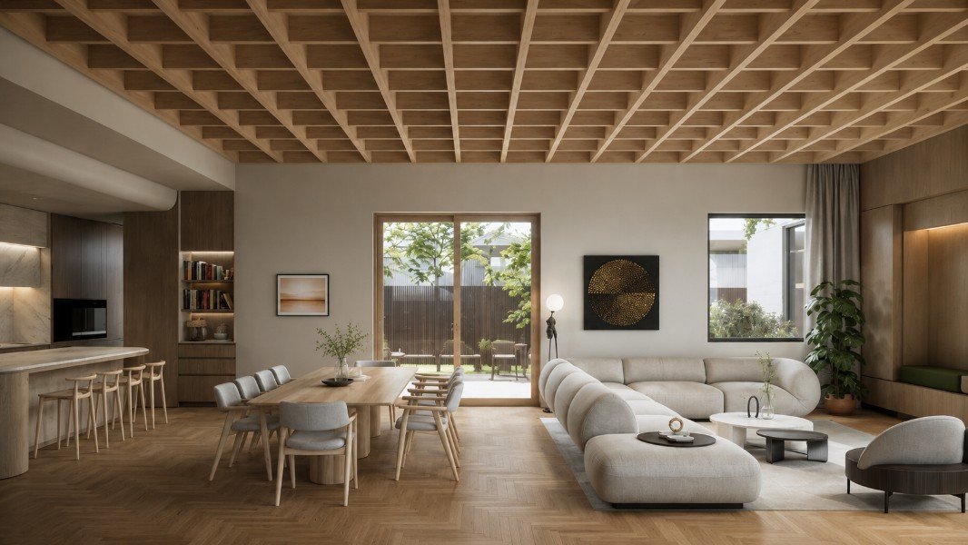 Open-plan kitchen, dining and living area at Estuary House in Mount Martha, featuring a timber coffered ceiling, warm natural finishes and direct courtyard views.