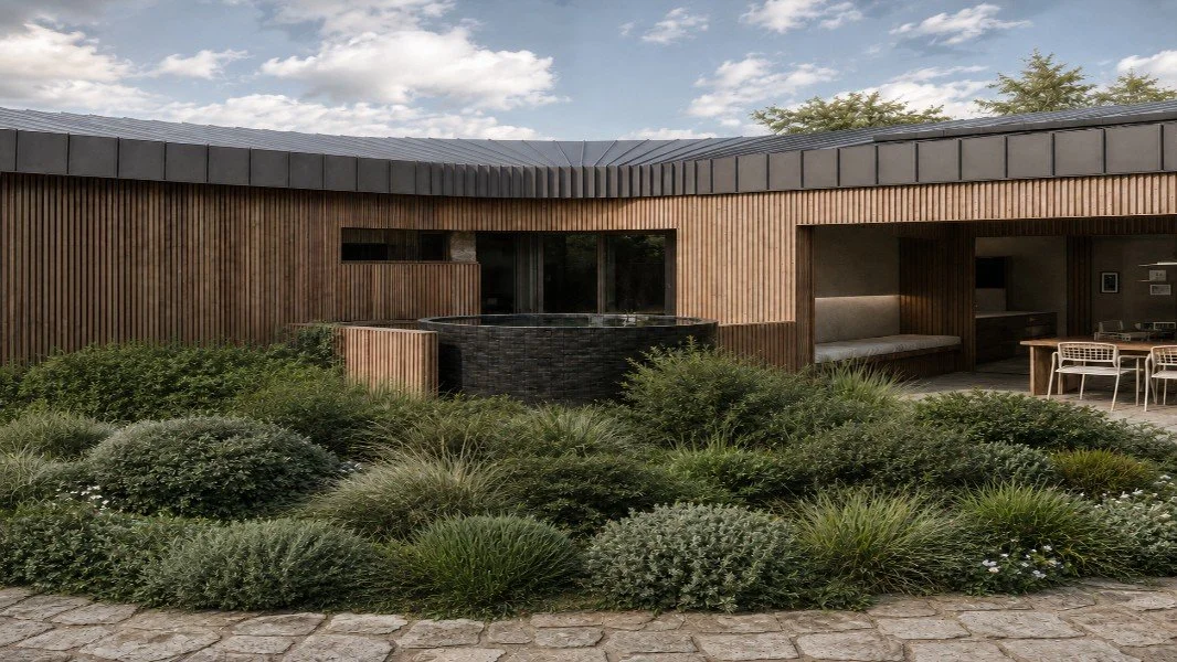 Landscaped courtyard at Estuary House in Mount Martha, featuring timber cladding, a circular spa, sheltered outdoor dining and layered native planting.