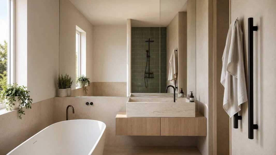 Family bathroom at Estuary House in Mount Martha, featuring a freestanding bath, stone vanity, green tiled shower and abundant natural light.