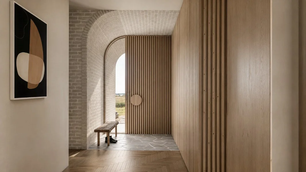 Interior entry at Estuary House in Mount Martha, featuring a curved pale brick arch, vertical timber detailing, stone flooring and a sculptural timber front door.