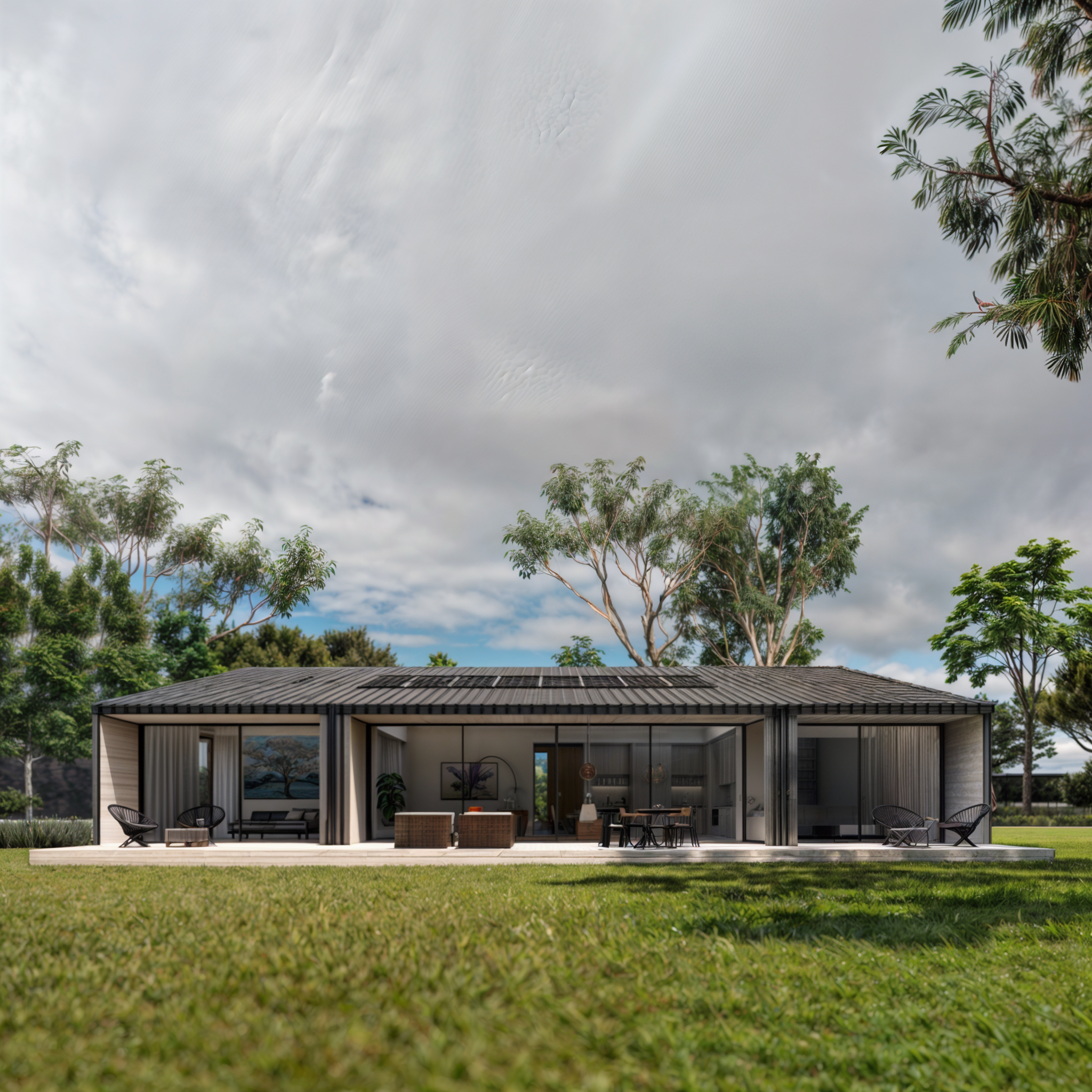 Modern cabin style home in lush green surroundings