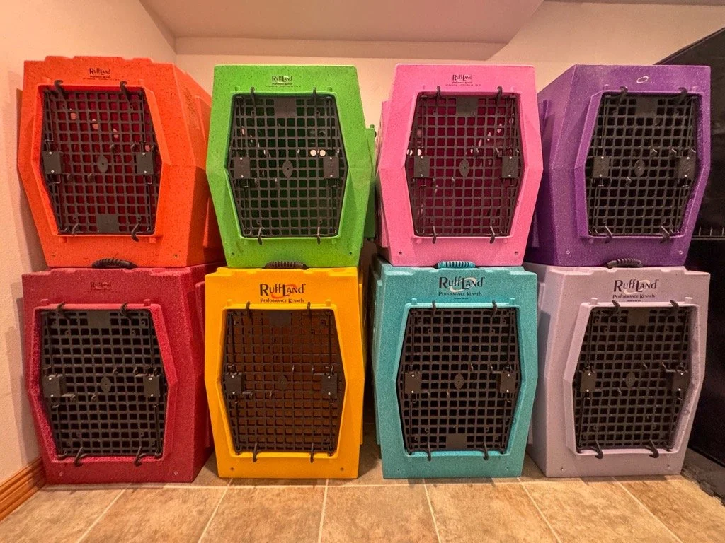 Dog crate area 
(pictured: large and extra large Ruffland crates, coming soon: titan sized Ruffland crates)  - for small dogs, dogs with kennel run anxiety, or dogs with escape concerns