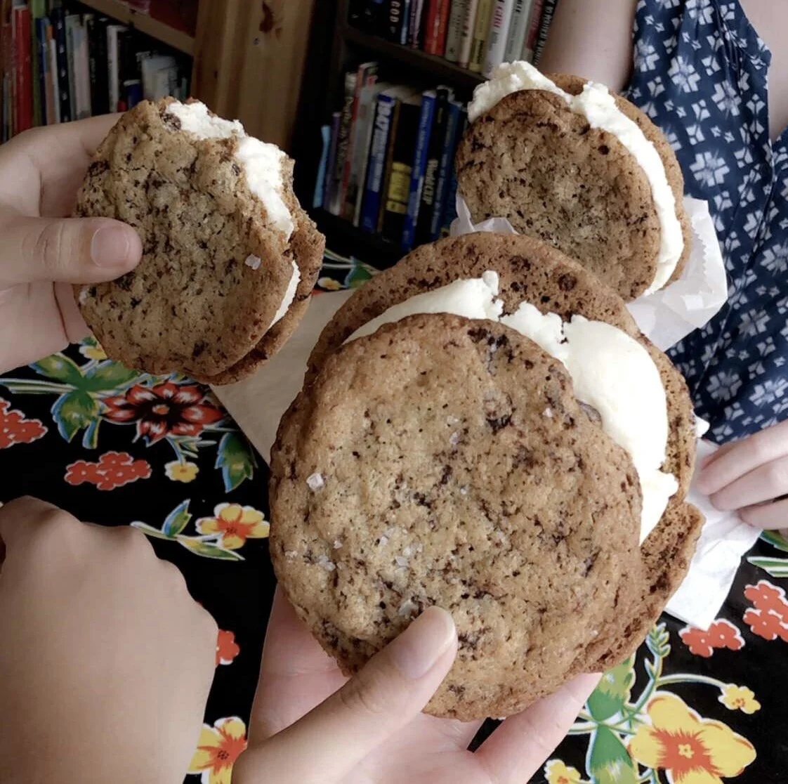 Chipwiches made with vanilla ice cream and chocolate chip tahini cookies.&nbsp;