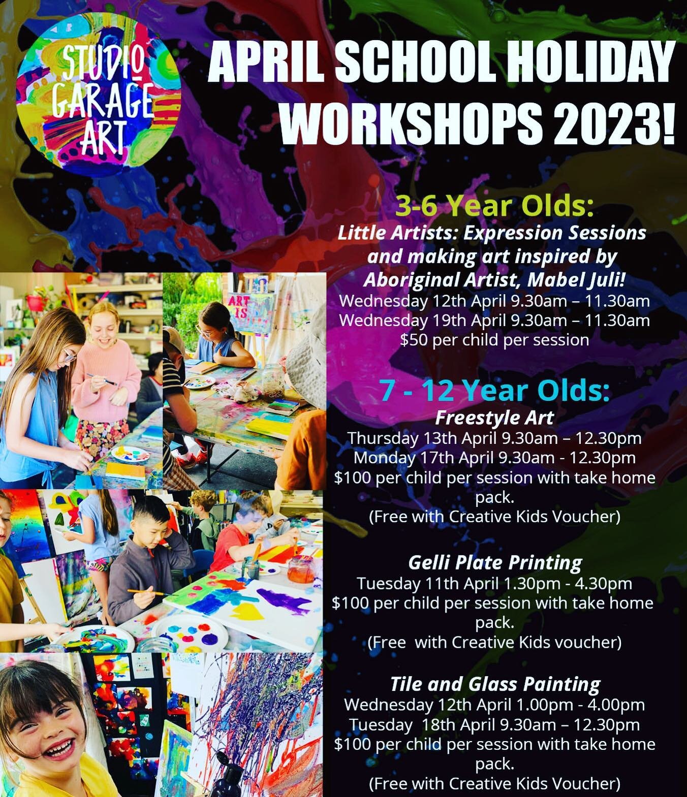 April School Holiday Workshops are coming up!! Book in now via our website at
Www.studiogarageart.com.au 
Come along to experience our expression sessions!! Places limited!! #studiogarageart #studiogarageartexperiments #kidsart #artworkshops #kidsart