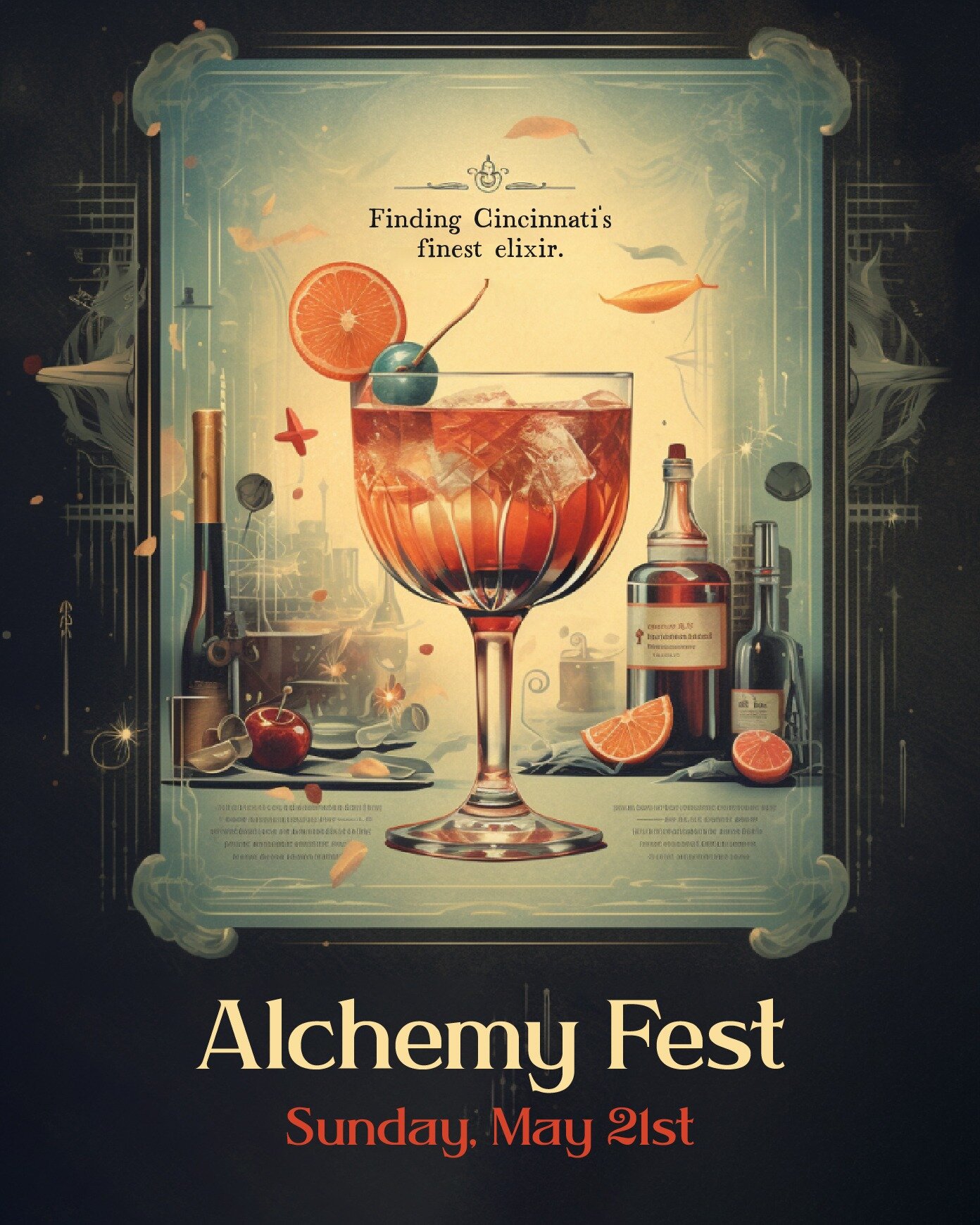 The official poster of @cincinnatialchemyfest is here. On May 21st, you get to decide which bartender crafts Cincinnati's finest elixir. 

See the Eventbrite page for more, link in bio!