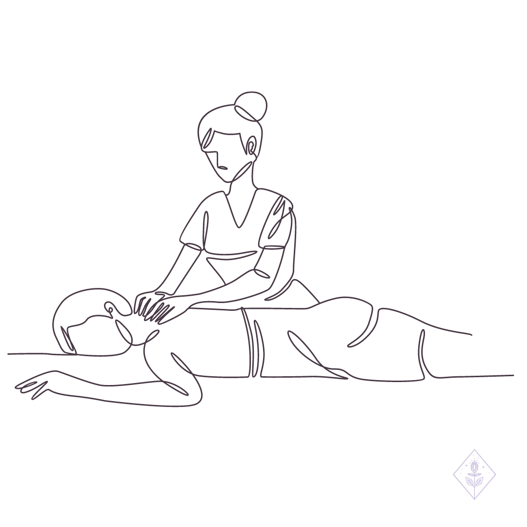 Line drawing of a woman giving a massage to a person lying face down on a massage table, with a small logo in the bottom right corner.