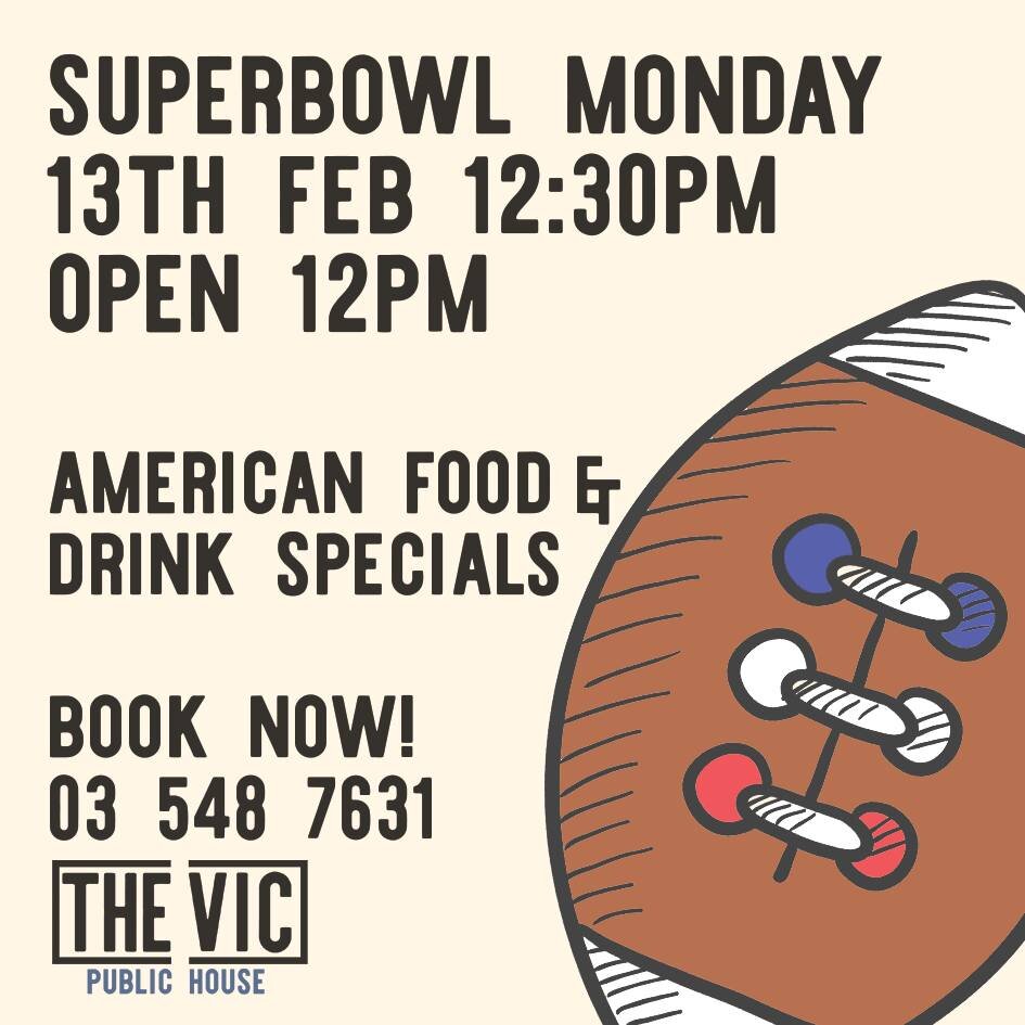 Superbowl Monday is back for 2023 and we'll be showing it LIVE at The Vic on
Monday 13th Feb. The Philadelphia Eagles face the Kansas City Chiefs for the top spot in the NFL for the 22-23 season.
Kick off is at 12:30pm, not forgetting what will be an