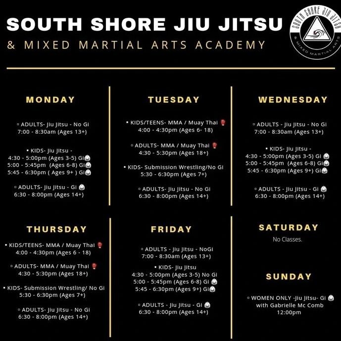 NEW SCHEDULE🙌 

EFFECTIVE IMMEDIATELY.

You spoke, we listened! 
Sorry for the confusion guys!!! 

Please check class times &amp; share this info! 🙏

Kids classes:

Mondays, Wednesdays &amp; Fridays:
✨4:30pm- 5:00pm - Gi
✨5:00pm - 5:45pm - Gi
✨5:45