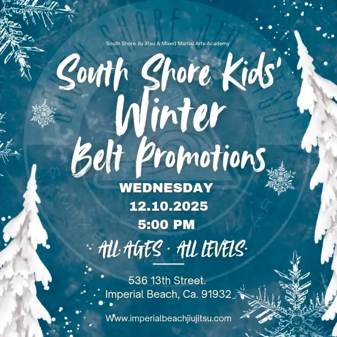 ❄️ Kid's Winter Belt Promotions!! ❄️
TOMORROW! 12.10.25 @ 5:00pm
All levels, all ages, all kids - all at 5:00pm 
📢SPREAD THE WORD! 
@southshorejiujitsu
.
.
.
.
#jiujitsu #martialarts #imperialbeach #Coronado #chulavista #southbay #Promotions #kidsji