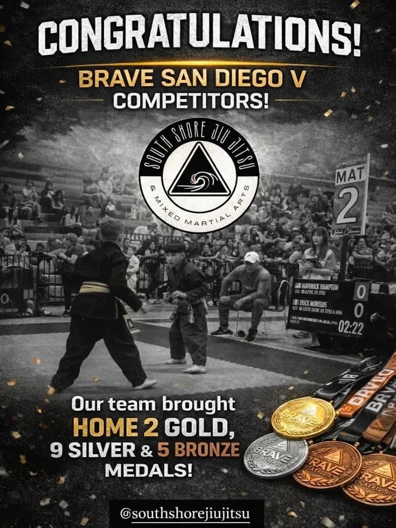 CONGRATULATIONS to all of our South Shore Jiu Jitsu kids that competed today at the Brave San Diego V Tournament! 👏🥋

We brought 13 students to compete &mdash; and 7 of them stepped on the competition mats for the VERY FIRST TIME!! That kind of cou