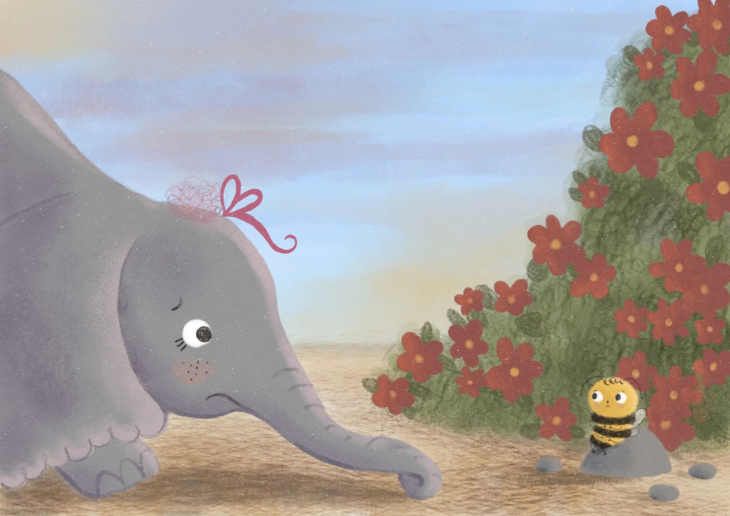 Warm, expressive children’s book illustration of a gentle elephant looking down at a sad bee sitting alone on a rock, exploring themes of empathy and friendship.
