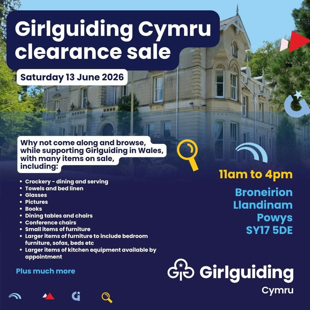 🛍️ Girlguiding Cymru Clearance Sale &ndash; Save the Date!

Join us for a fantastic clearance sale at Broneirion and discover plenty of bargains while supporting Girlguiding in Wales 💙
From books, crockery and linens to furniture, dining sets, conf