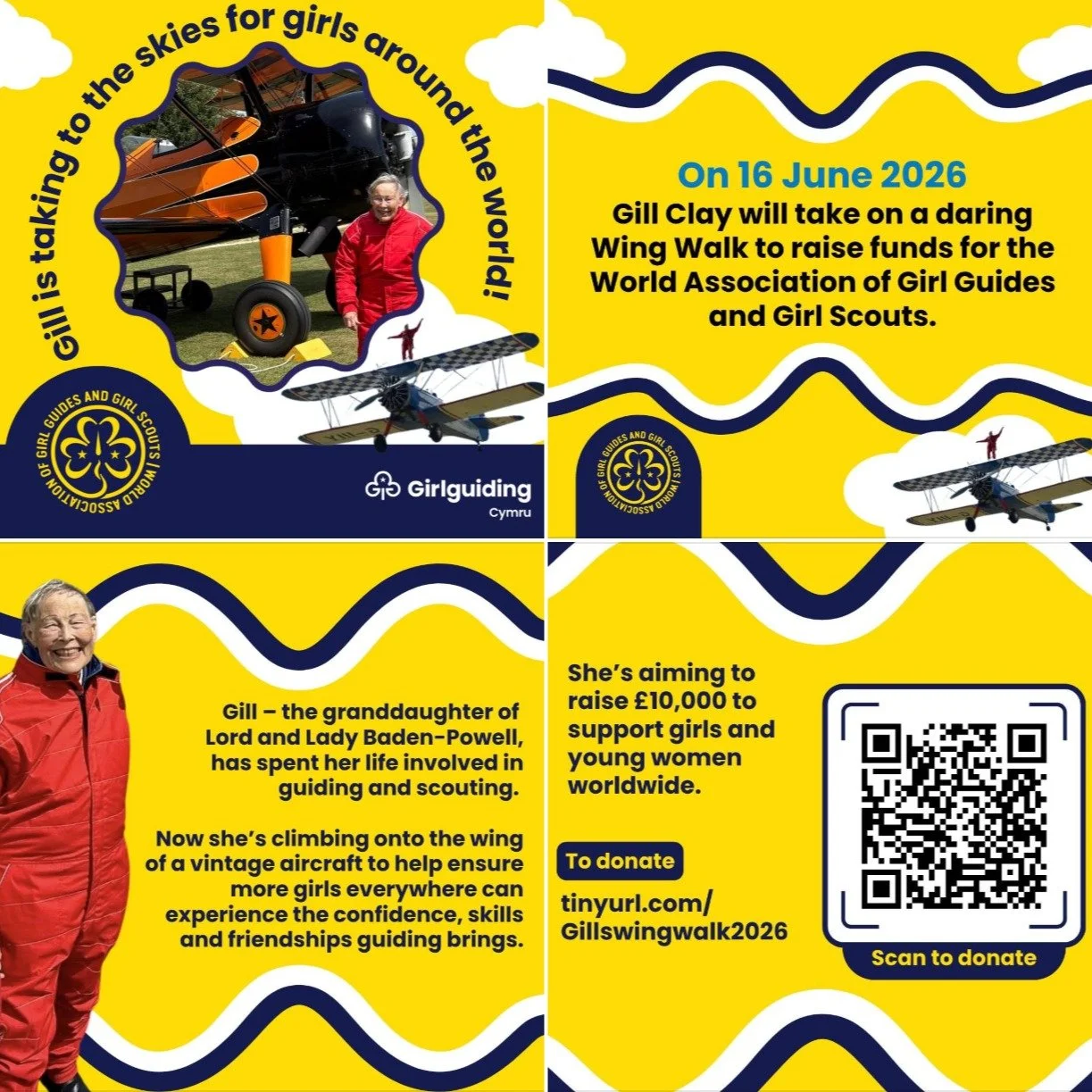 ✈️ Due to adverse weather conditions, the wing walk originally planned for 11 June has been postponed.

On Tuesday 16 June, the amazing Gill Clay will instead be taking to the skies in a daring wing walk to raise funds for the World Association of Gi