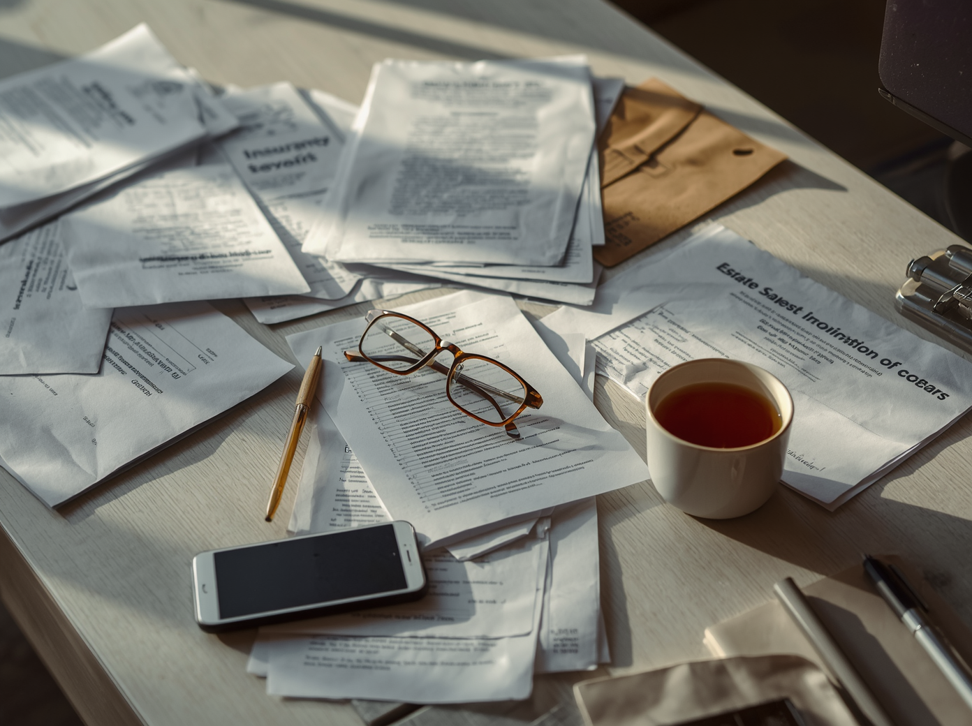 A home desk scattered with insurance documents and a will envelope, reading glasses resting on the papers — reflecting the question of whether a will covers life insurance in Singapore