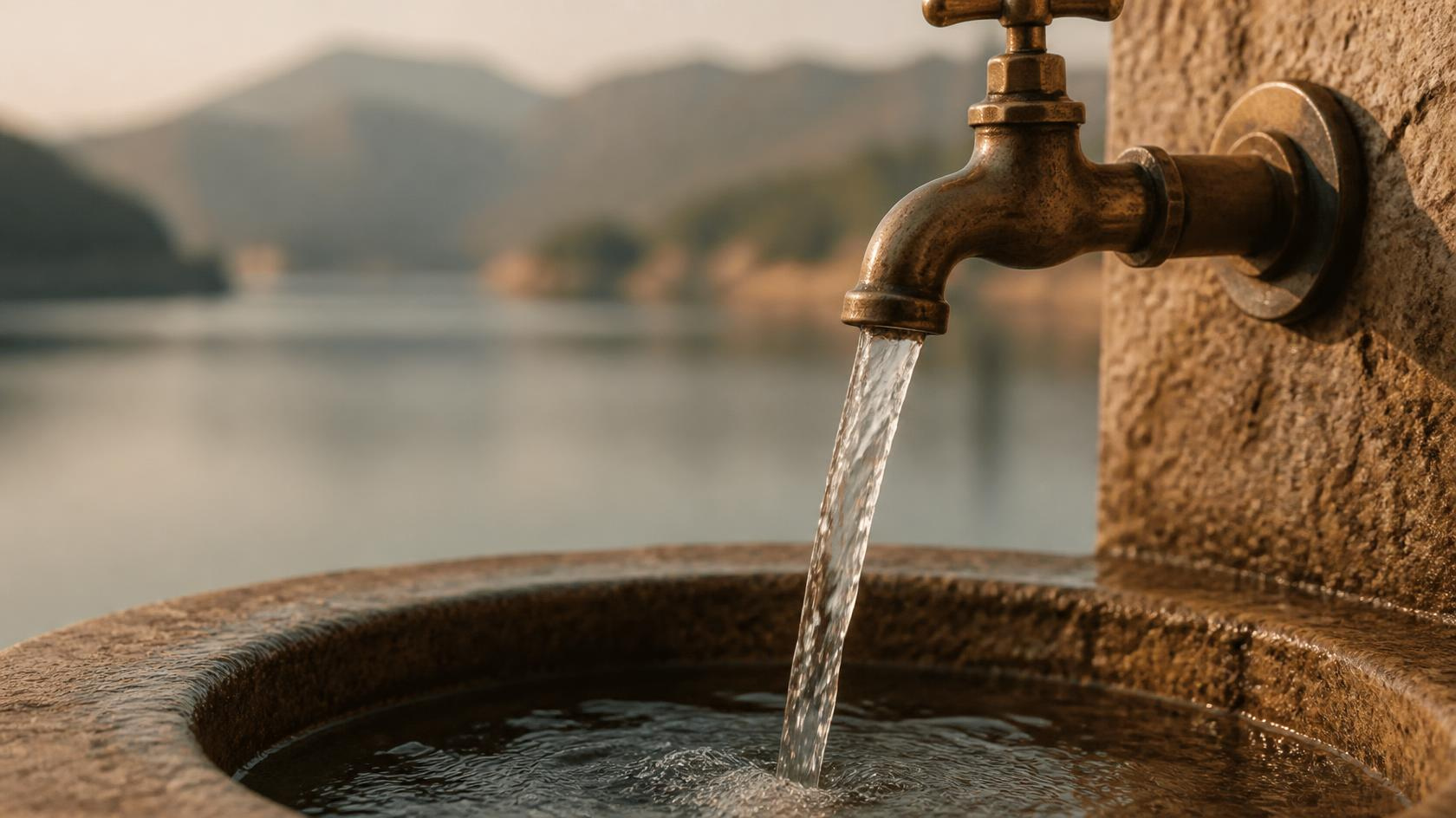 Water flowing from a tap into a stone basin, with a calm lake in the background — representing the shift from retirement savings, a stock of wealth, to retirement income, a flow you draw and manage
