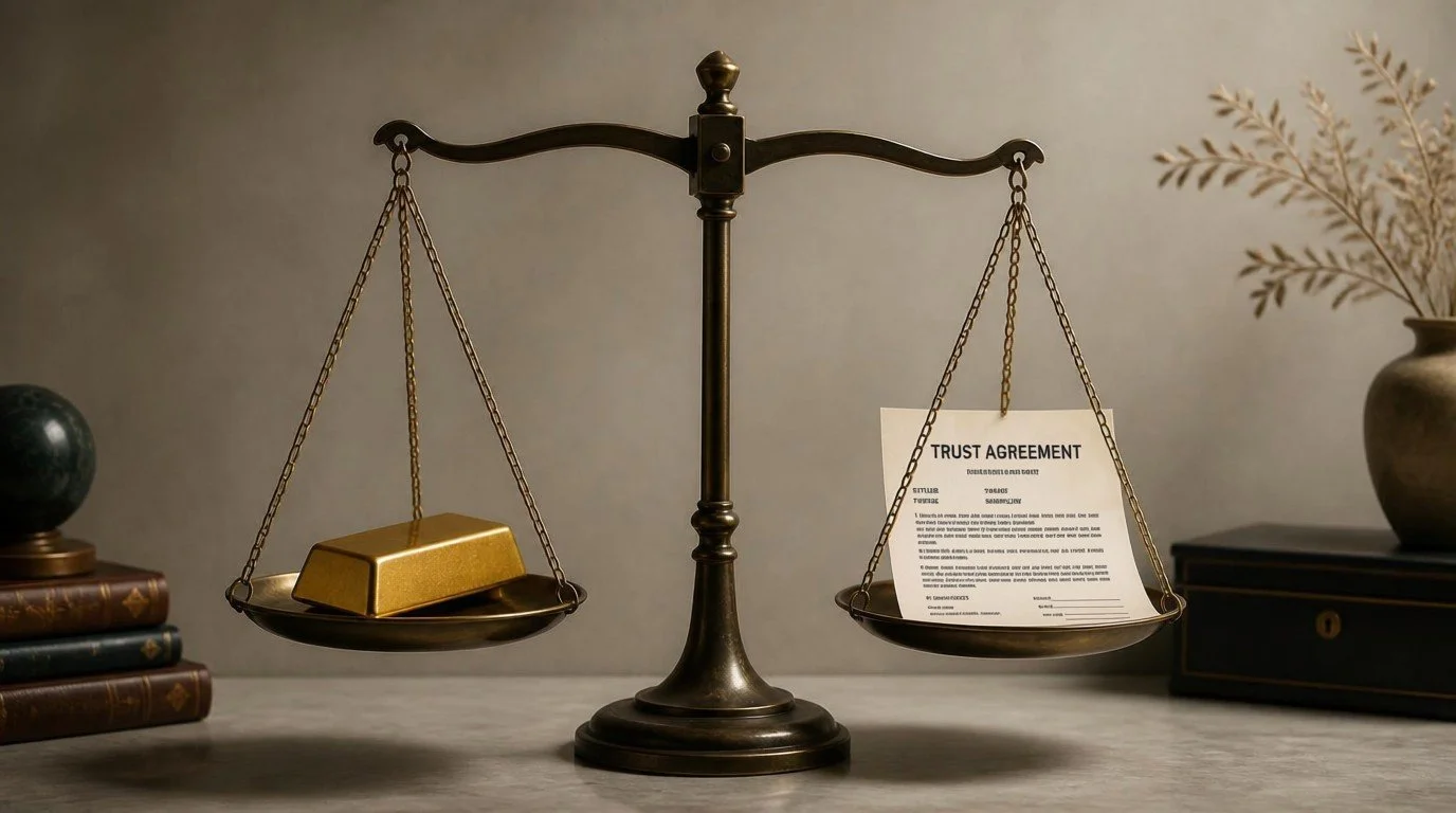 A balanced scale weighing gold against a trust agreement — representing how children can inherit equal value through different structures in Singapore