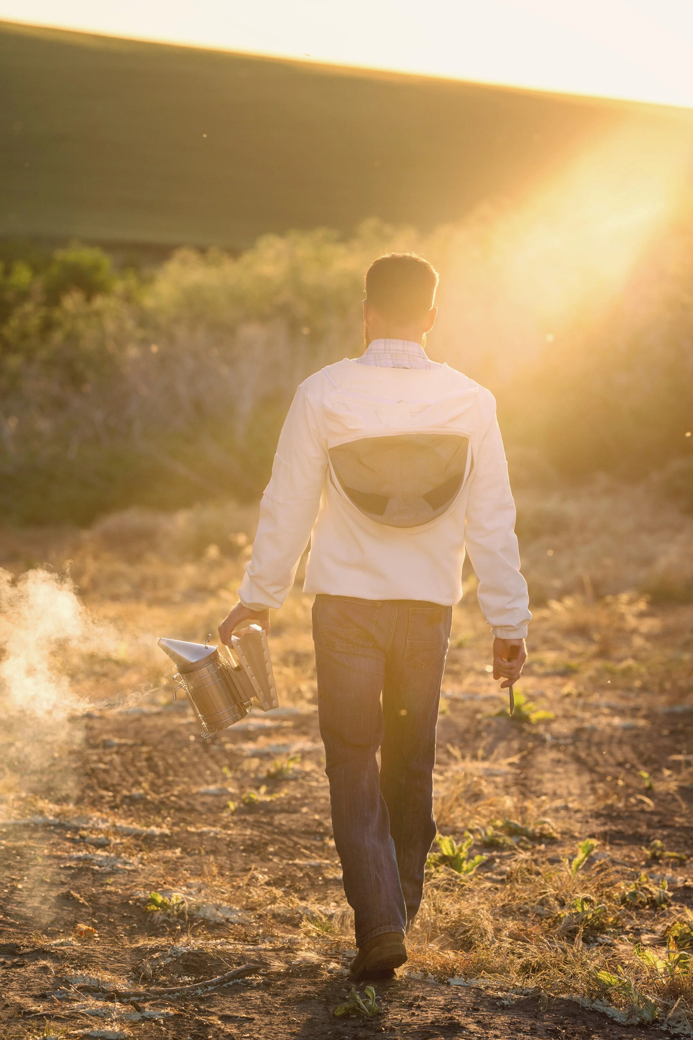 Beekeeper walking away at dusk holding a bee smoker.