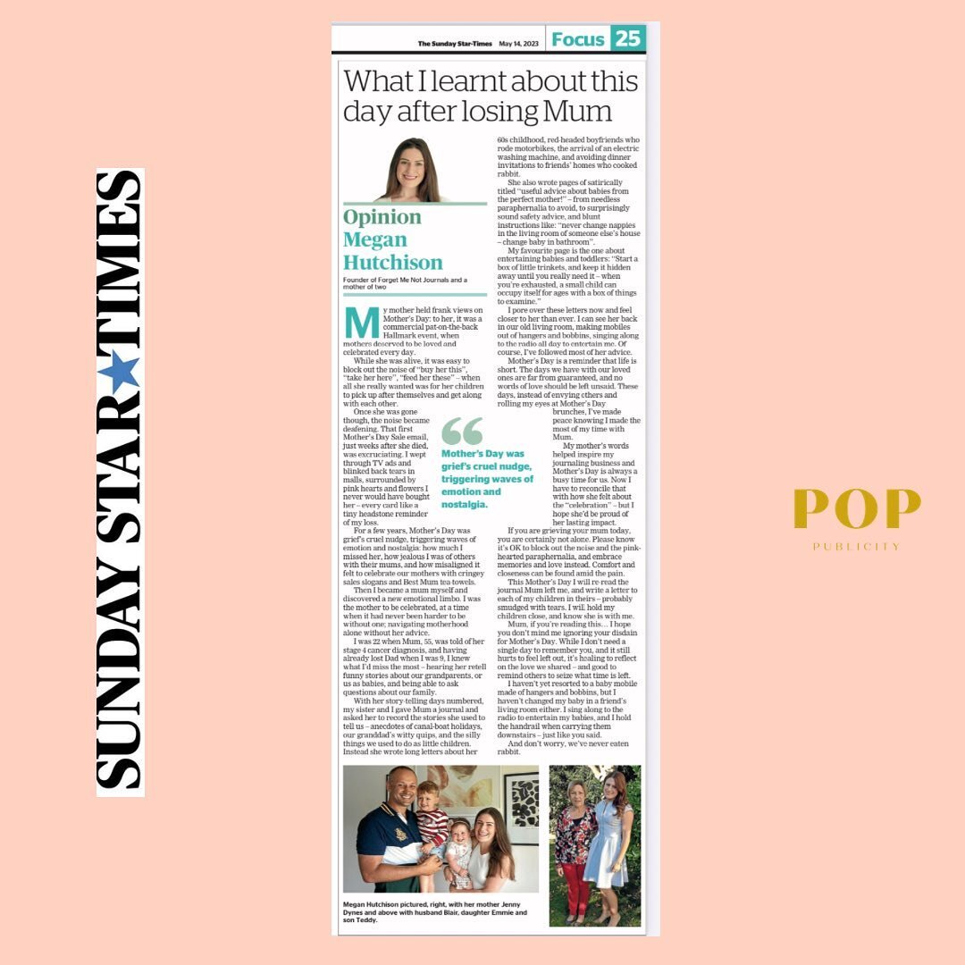 What an amazing tribute by our incredible client @meghutchison_ from @forgetmenot_journals in the Sunday Star Times on Sunday. She shares her perspective on the meaning of Mother&rsquo;s Day after losing her own mother. We couldn&rsquo;t be prouder o