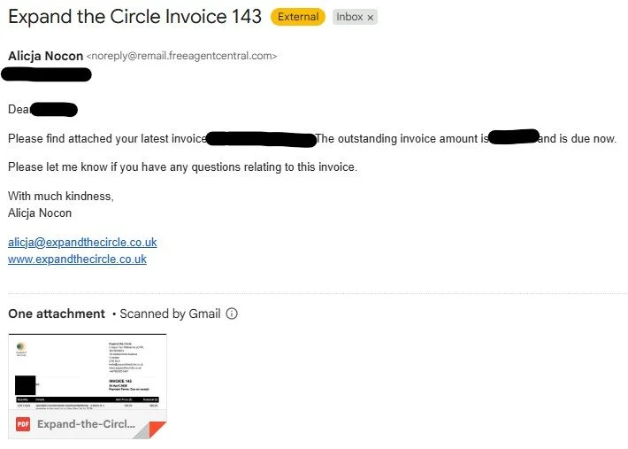 Screenshot of an email requesting invoice payment