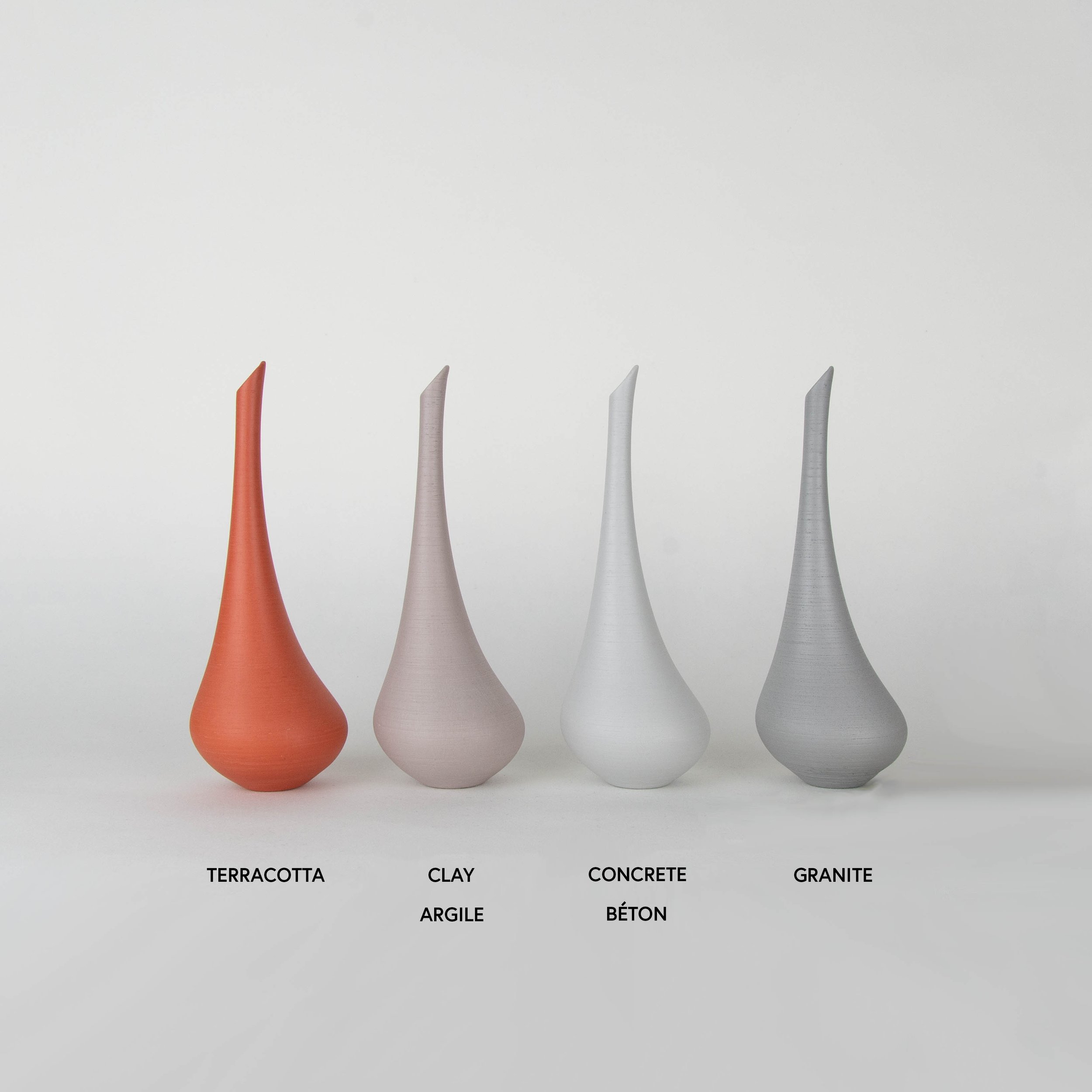 ensemble de vases soliflore lacrima imprimés en 3D dans différents matériaux, béton, céramique, granit et terre cuite